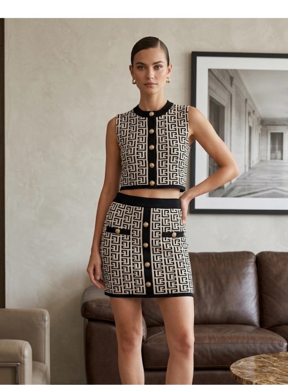 Sleeveless Crop Top & Mini Skirt Set in Beige/Black